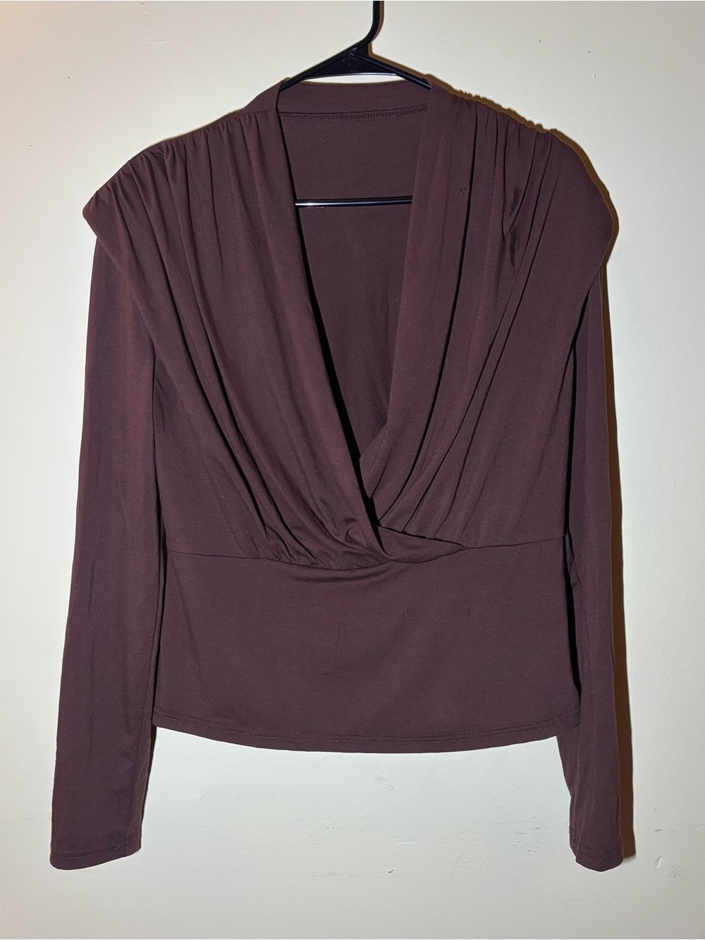 Women's Brown Draped Surplice Long-Sleeve Top - Picture 3 of 5